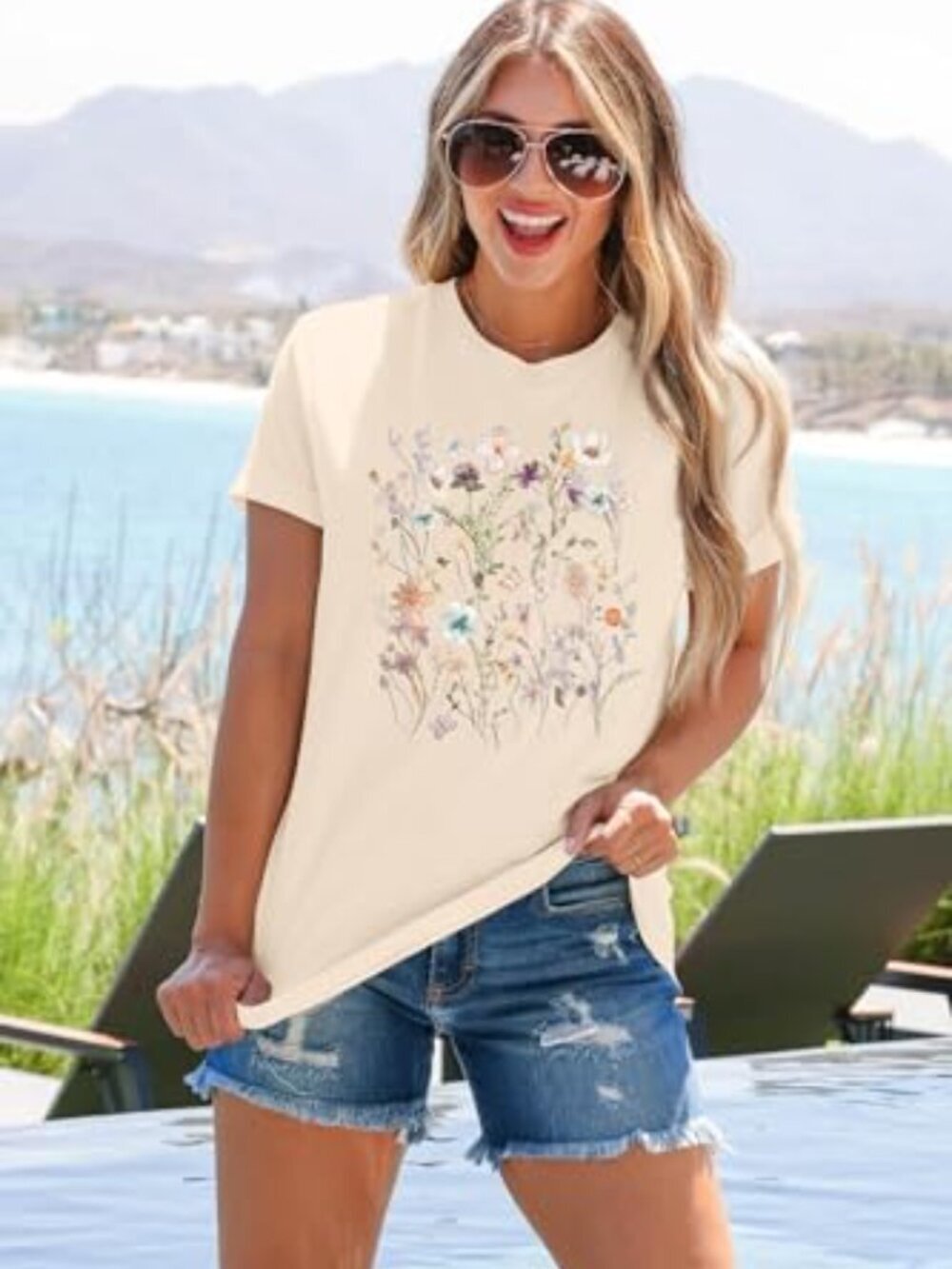 ๐ Boho Floral Tshirt Women Vintage Wildflower Printed Shirt Casual Short - Picture 2 of 2
